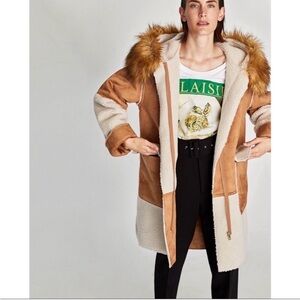Zara Tan and Cream Teddy Jacket with Faux Fur Hood
